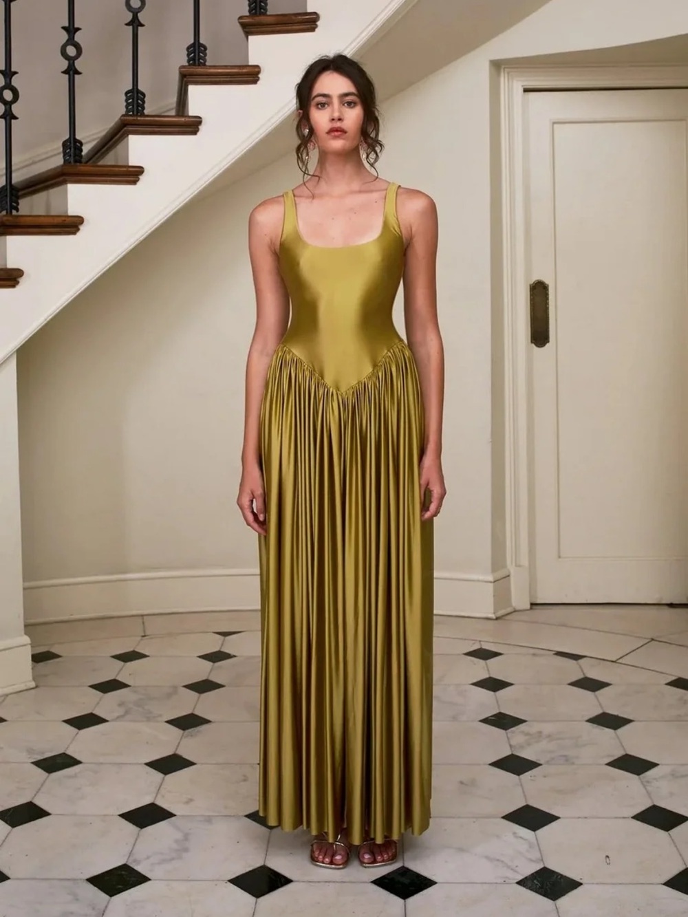 Delfi Collective Oriana Satin Scoop-Neck Maxi Dress in Olive